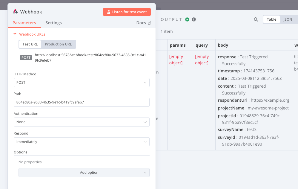 n8n automation trigger webhook test output screenshot