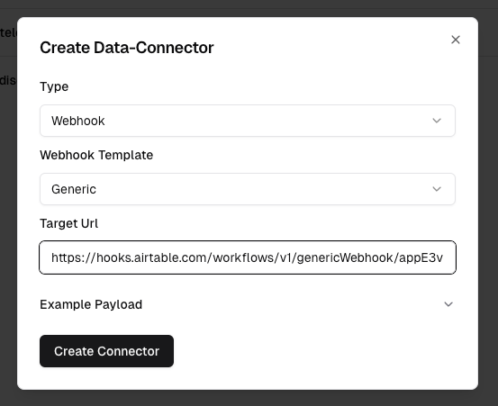 tinydialog create data connector airtable dashboard menu screenshot