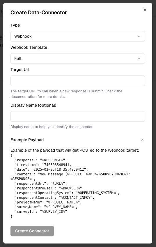 screenshot of the create data connector menu for webhooks in the tinydialog dashboard